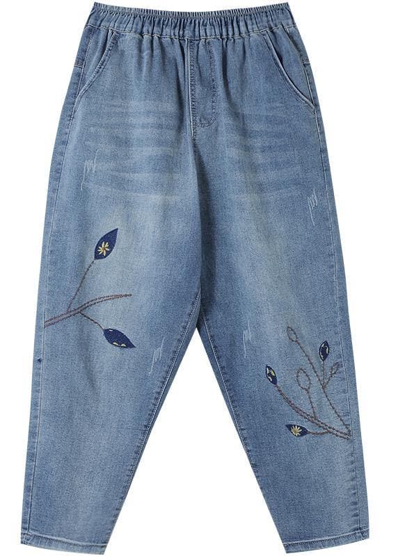 Unique Spring Trousers Casual Denim Blue Wardrobes Elastic Waist Leaf Pant LPTS210203