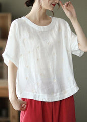 Unique White O-Neck Embroideried Summer Ramie Shirt Half Sleeve GK-HTP210720