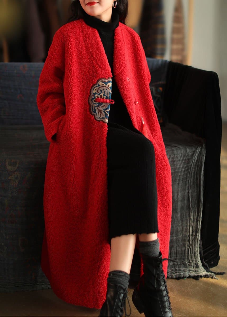 2021 Red Embroideried Patchwork Winter Thick Coats Wool Jackets dylinoshop