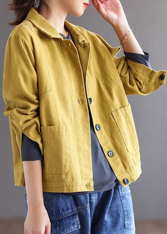 Unique Yellow PeterPan Collar Button Pockets Patchwork Fall Coat GK-CTS211015