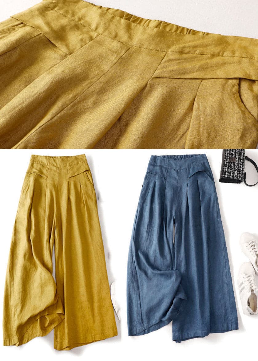 Unique Yellow Pockets Elastic Waist Linen Pants Summer GK-CPTS220328