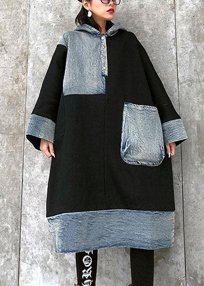 Unique black Cotton Tunics hooded pockets cotton Dress AT-FDM191231