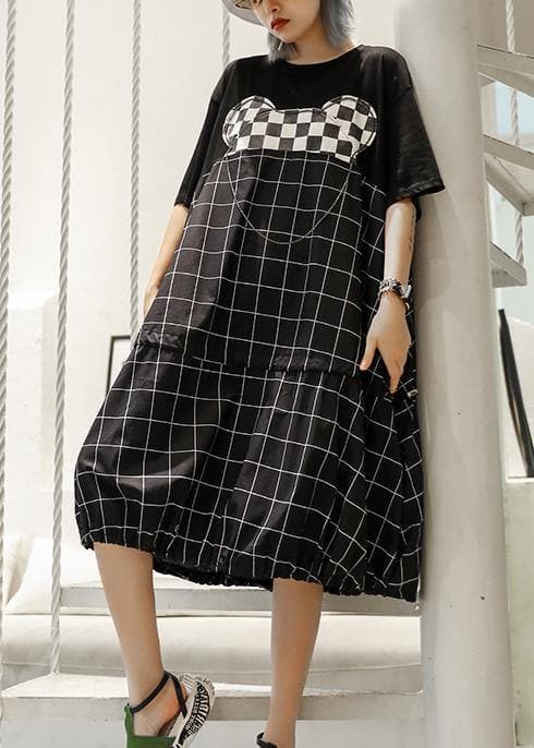 Unique black Plaid Cotton Wardrobes patchwork o neck Art summer Dresses AT-SDM190614