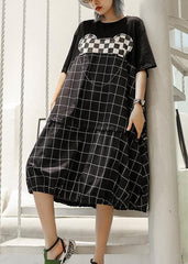 Unique black Plaid Cotton Wardrobes patchwork o neck Art summer Dresses AT-SDM190614