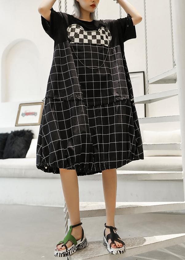 Unique black Plaid Cotton Wardrobes patchwork o neck Art summer Dresses AT-SDM190614