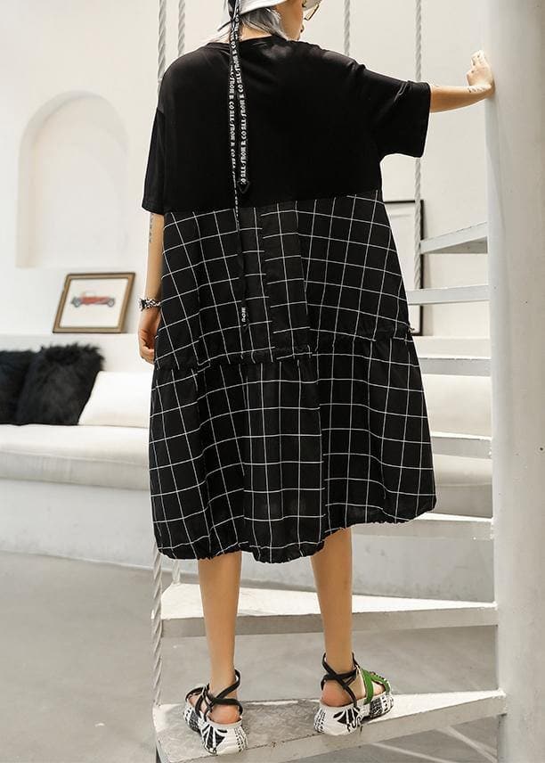 Unique black Plaid Cotton Wardrobes patchwork o neck Art summer Dresses AT-SDM190614