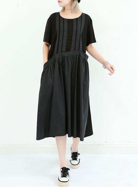 Unique black cotton dresses o neck patchwork cotton summer Dress AT-SDL190614