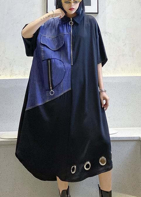 Unique black cotton tunics for women lapel patchwork Maxi Dress AT-SDL200508