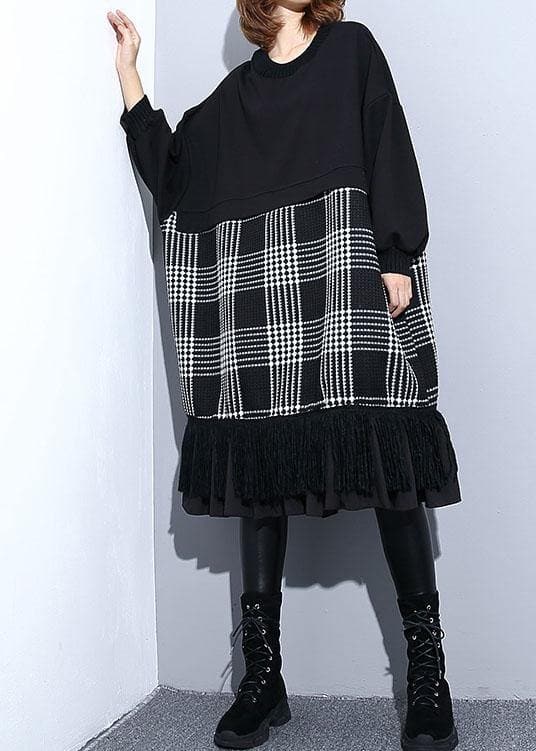 Unique black patchwork Cotton Long Shirts tassel A Line fall Dresses AT-FDM190923