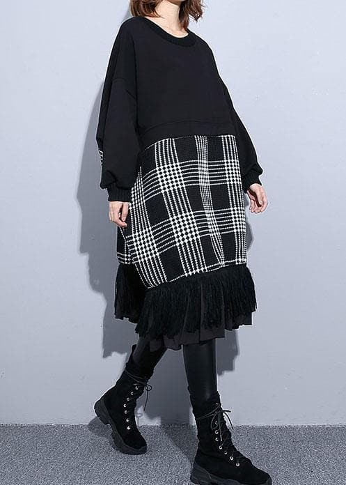 Unique black patchwork Cotton Long Shirts tassel A Line fall Dresses AT-FDM190923