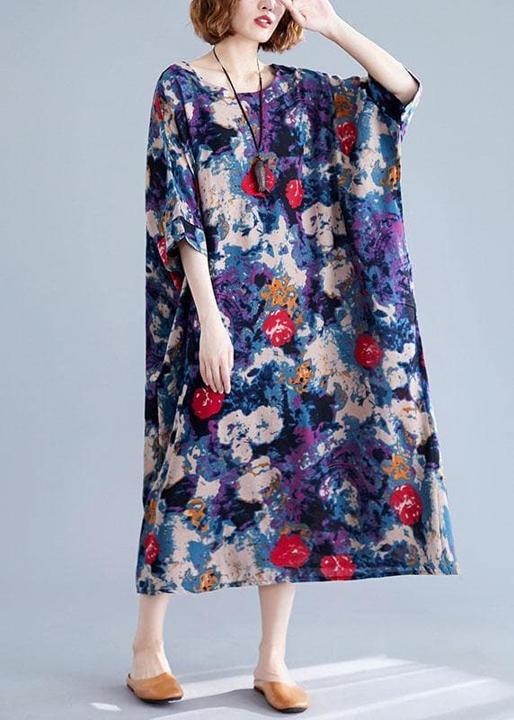 Unique floral cotton dresses o neck baggy Maxi Dresses SDL200425