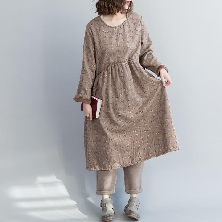 Unique khaki floral linen cotton dresses fine Christmas Gifts Kaftan o neck Cinched Dress FDL181220