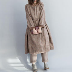 Unique khaki floral linen cotton dresses fine Christmas Gifts Kaftan o neck Cinched Dress FDL181220