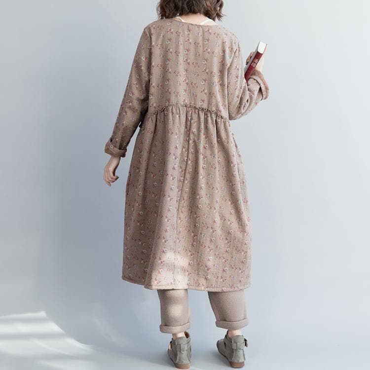 Unique khaki floral linen cotton dresses fine Christmas Gifts Kaftan o neck Cinched Dress FDL181220