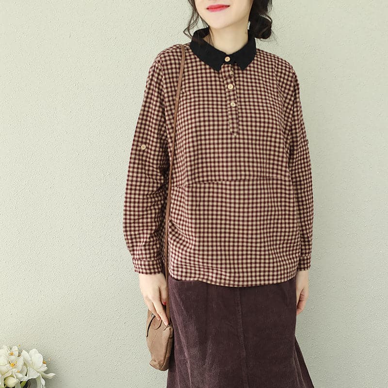 Unique lapel cotton linen clothes stylish Sleeve purple chocolate Plaid Midi tops LTP190129