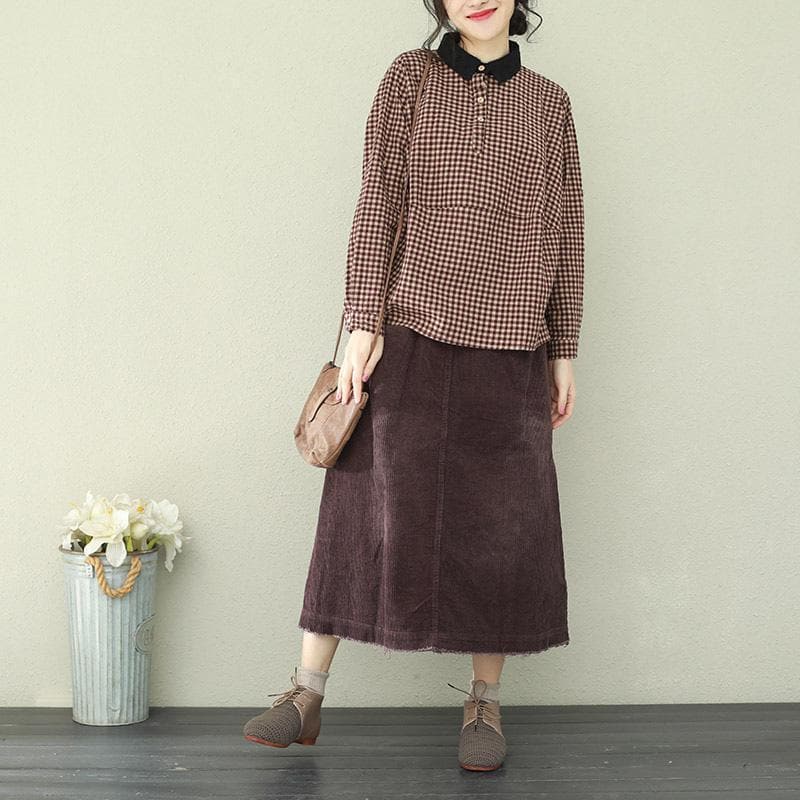 Unique lapel cotton linen clothes stylish Sleeve purple chocolate Plaid Midi tops LTP190129