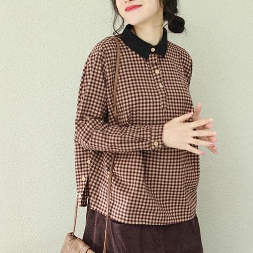 Unique lapel cotton linen clothes stylish Sleeve purple chocolate Plaid Midi tops LTP190129