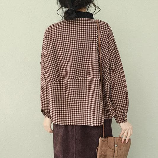 Unique lapel cotton linen clothes stylish Sleeve purple chocolate Plaid Midi tops LTP190129