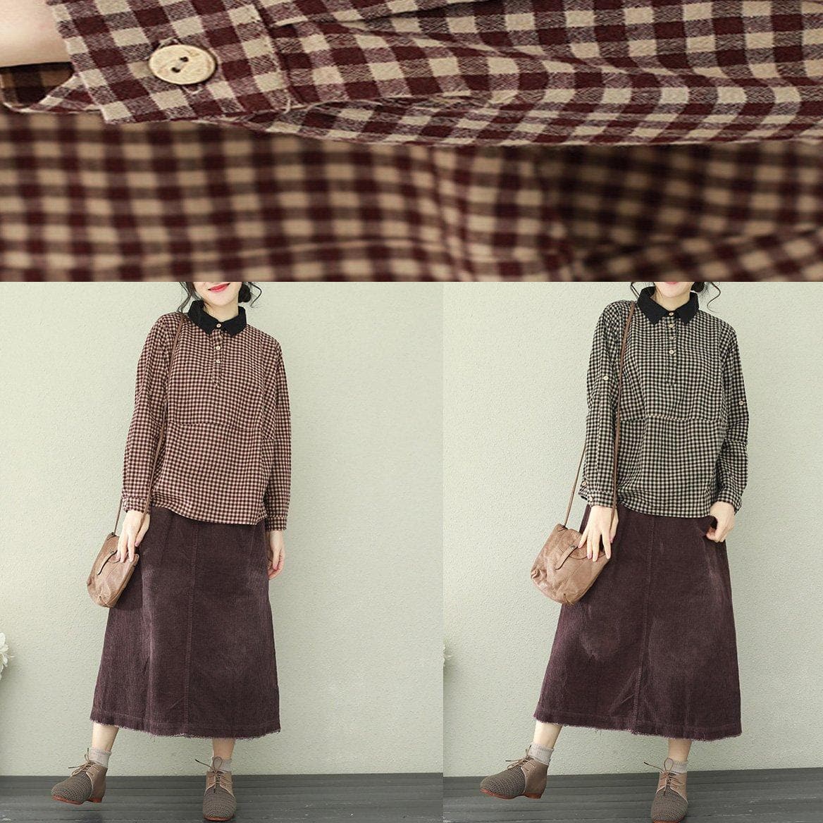 Unique lapel cotton linen clothes stylish Sleeve purple chocolate Plaid Midi tops LTP190129