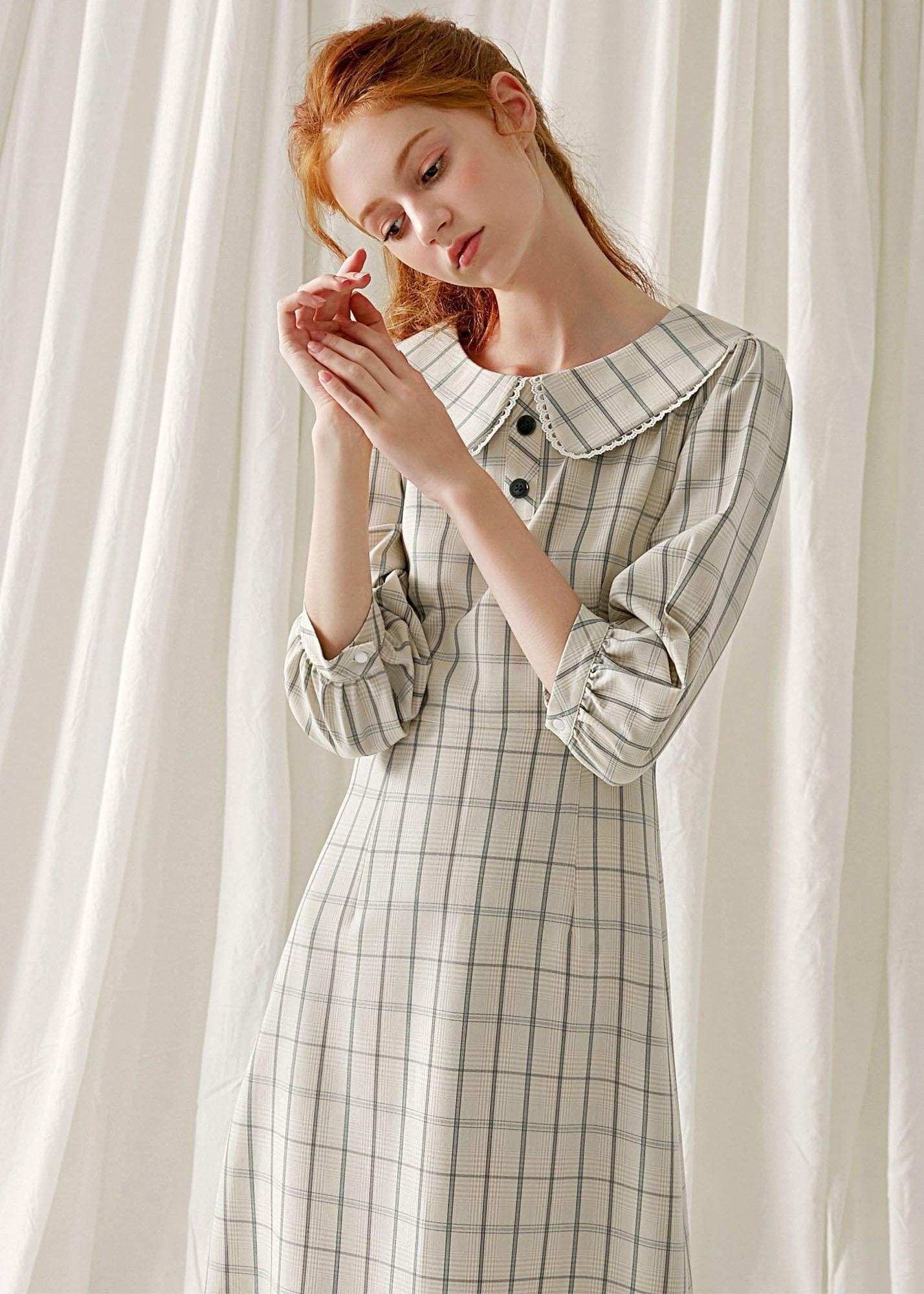 Unique light nude plaid blended clothes ruffles hem cotton robes fall Dresses FDL190830