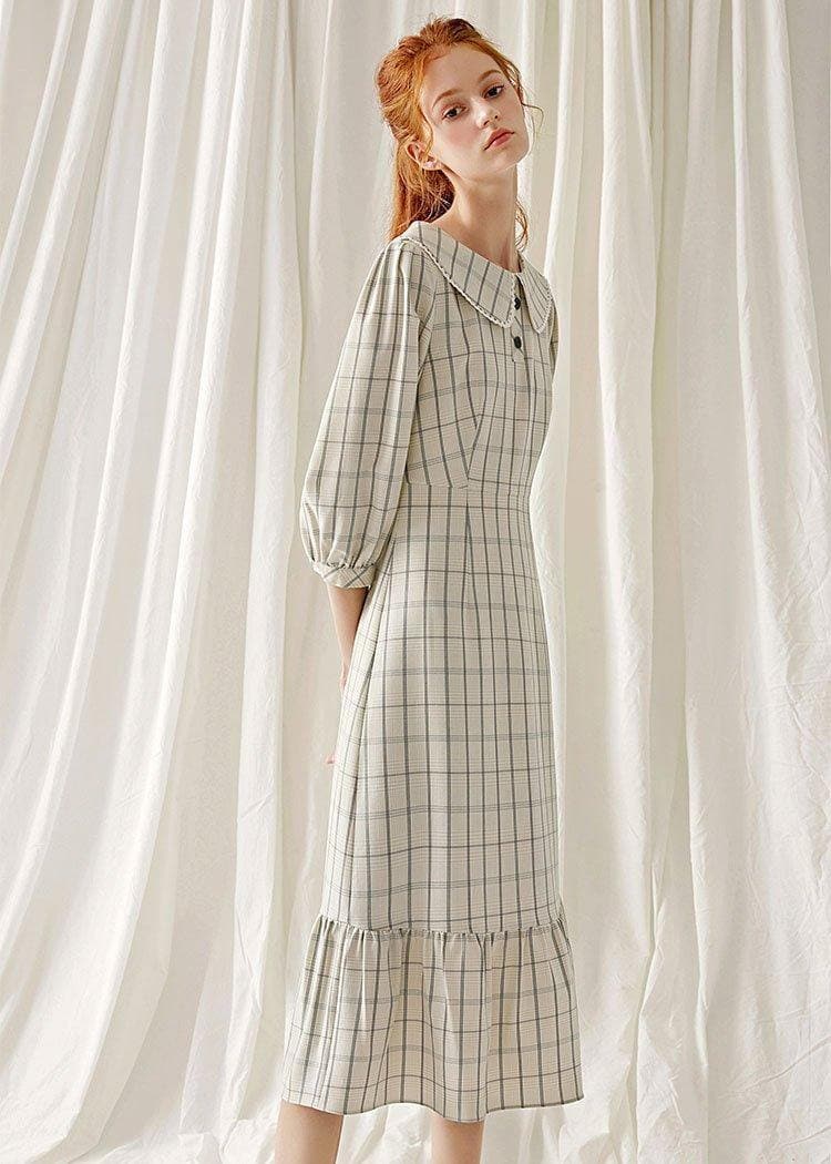 Unique light nude plaid blended clothes ruffles hem cotton robes fall Dresses FDL190830