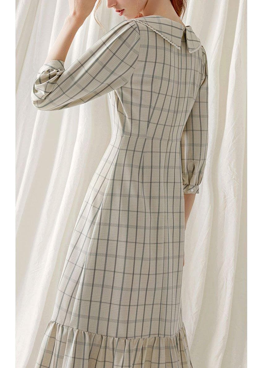 Unique light nude plaid blended clothes ruffles hem cotton robes fall Dresses FDL190830