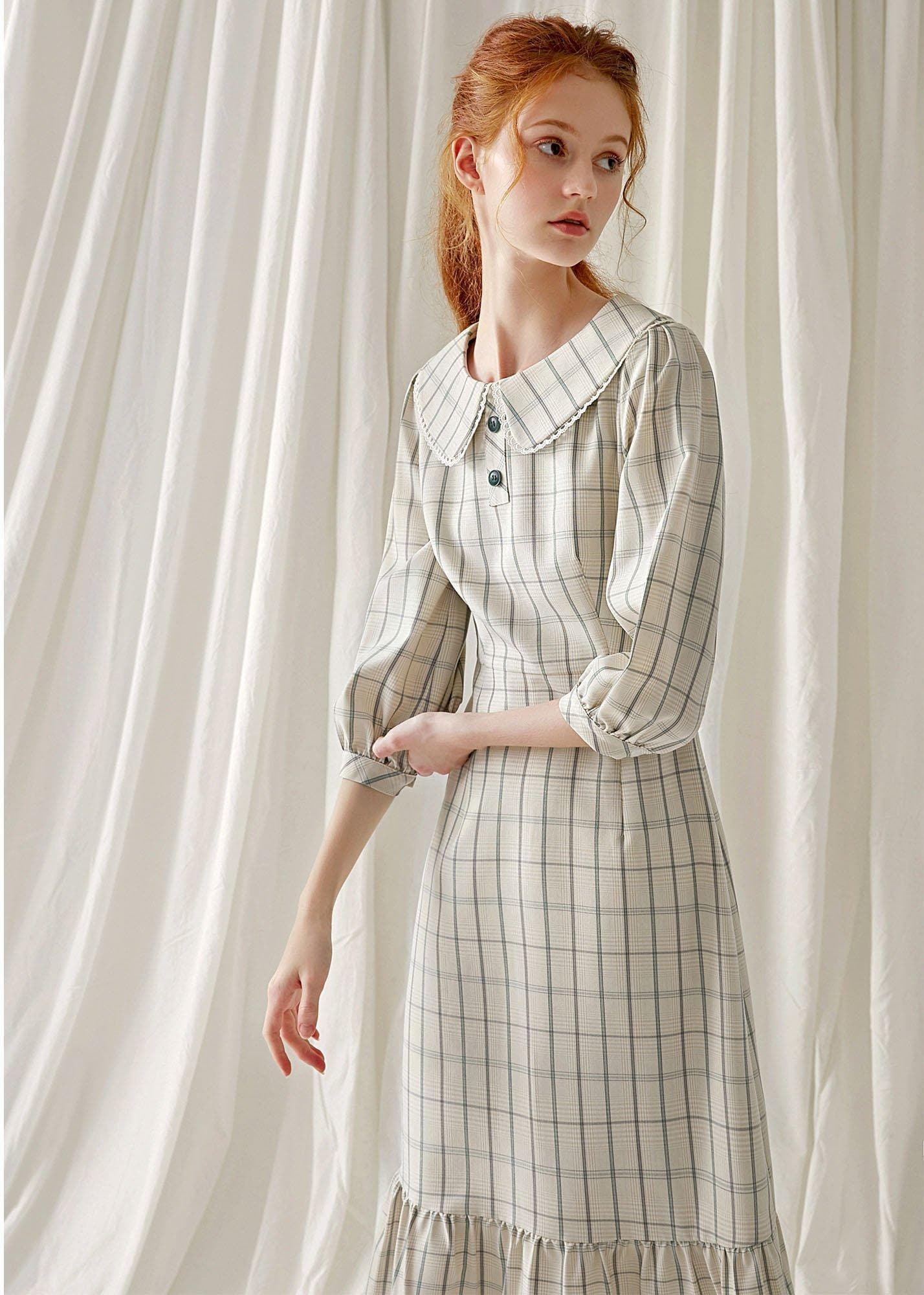 Unique light nude plaid blended clothes ruffles hem cotton robes fall Dresses FDL190830