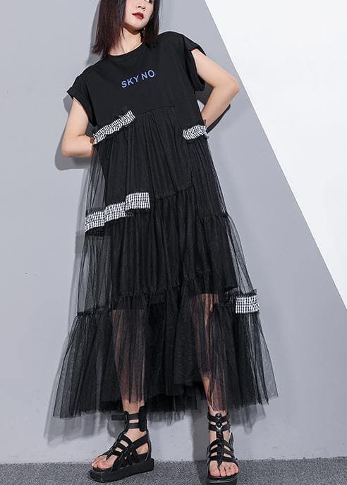 Unique o neck patchwork tulle cotton dress black Art Dresses summer AT-SDL190614