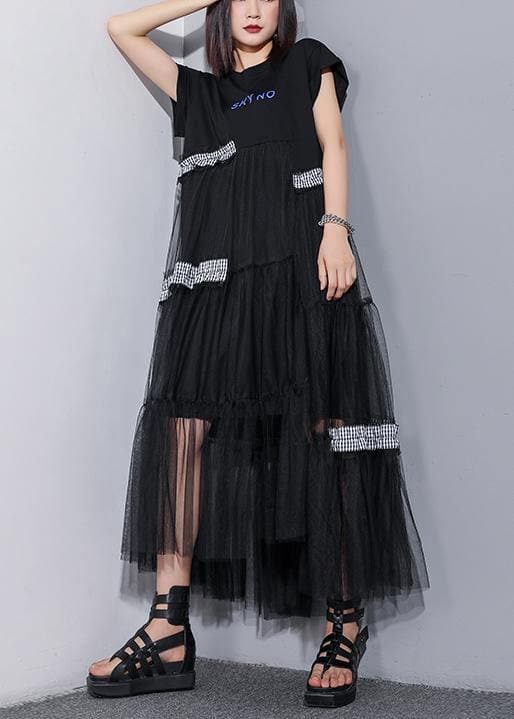 Unique o neck patchwork tulle cotton dress black Art Dresses summer AT-SDL190614