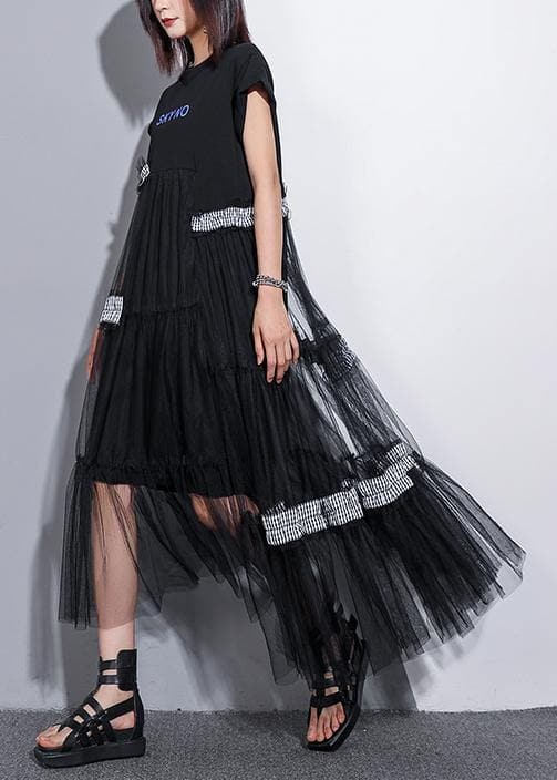 Unique o neck patchwork tulle cotton dress black Art Dresses summer AT-SDL190614