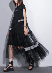 Unique o neck patchwork tulle cotton dress black Art Dresses summer AT-SDL190614