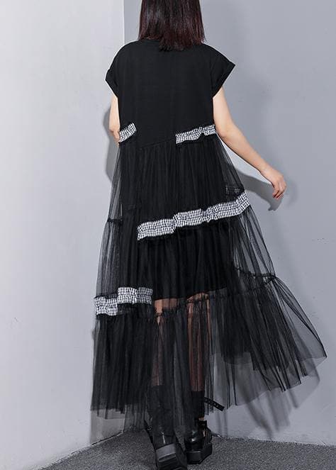 Unique o neck patchwork tulle cotton dress black Art Dresses summer AT-SDL190614