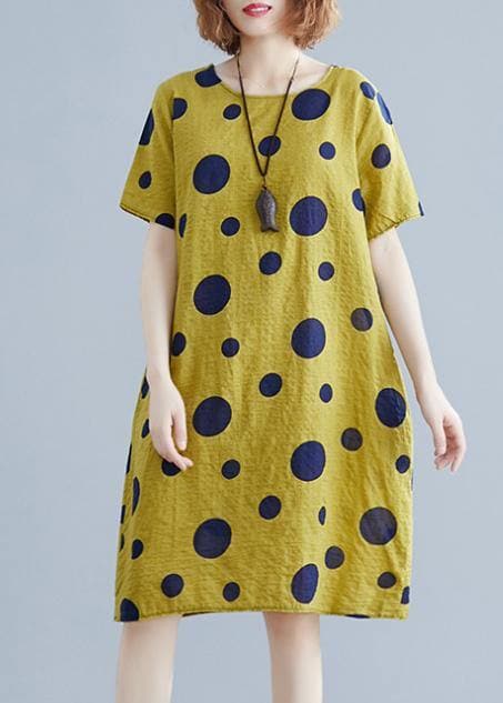 Unique o neck pockets Cotton clothes Wardrobes yellow dotted Dresses SDM200325