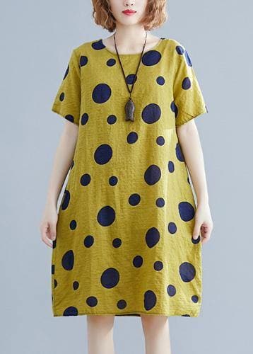 Unique o neck pockets Cotton clothes Wardrobes yellow dotted Dresses SDM200325