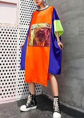 Unique orange blue patchwork chiffon For Women 2019 o neck asymmetric Maxi Summer Dress AT-SDL190614