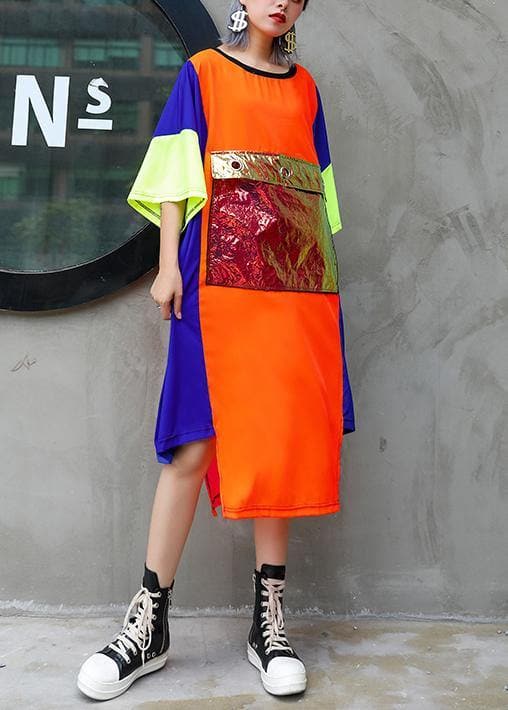 Unique orange blue patchwork chiffon For Women 2019 o neck asymmetric Maxi Summer Dress AT-SDL190614