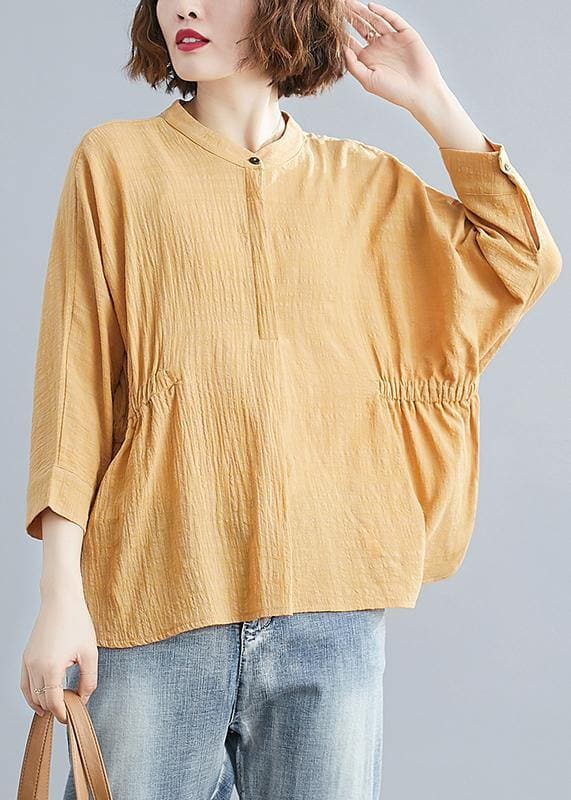 Unique stand collar Batwing Sleeve cotton tunics for women Shirts yellow blouse LTP200325