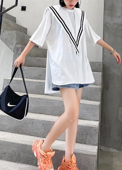 Unique white cotton tunics for women o neck patchwork loose top AT-SDM200623