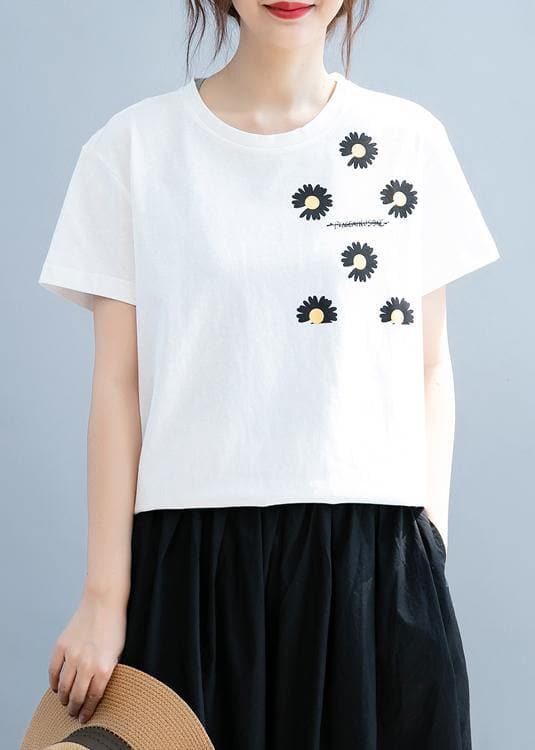 Unique white daisy print tops women o neck short blouse STP200725