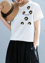 Unique white daisy print tops women o neck short blouse STP200725