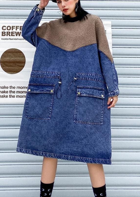 Vivid Denim Blue Clothes Women Patchwork Drawstring Robe Spring Dresses AT-FDL210127