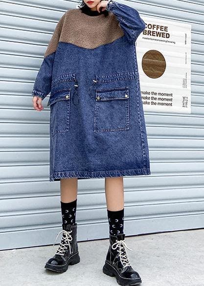 Vivid Denim Blue Clothes Women Patchwork Drawstring Robe Spring Dresses AT-FDL210127