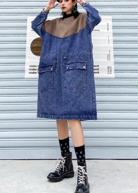 Vivid Denim Blue Clothes Women Patchwork Drawstring Robe Spring Dresses AT-FDL210127