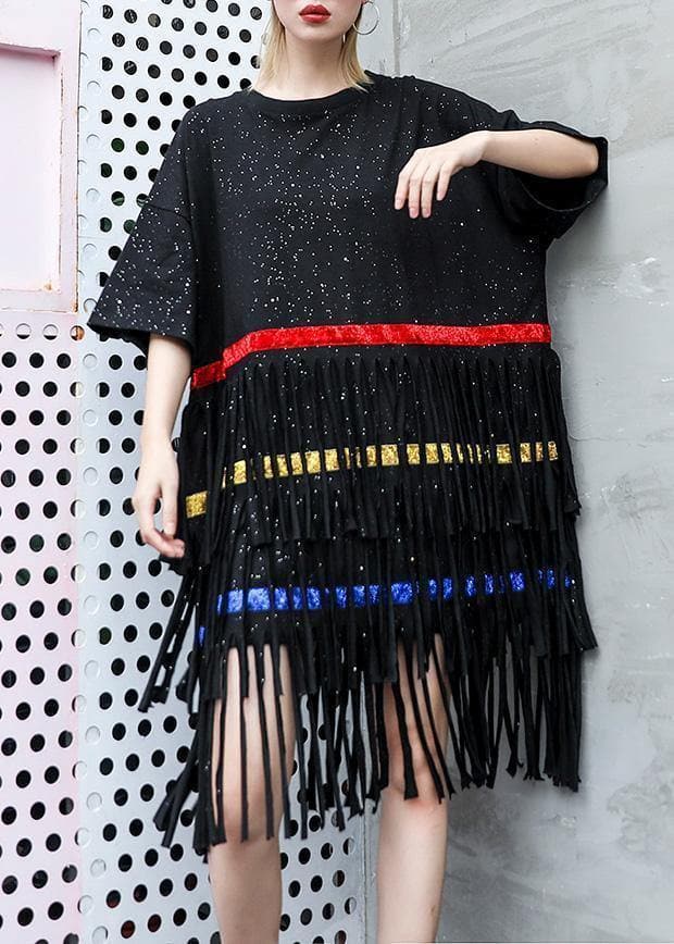 Vivid black Cotton 0layered tassel Dresses summer Dress AT-SDM190411