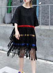 Vivid black Cotton 0layered tassel Dresses summer Dress AT-SDM190411