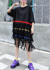 Vivid black Cotton 0layered tassel Dresses summer Dress AT-SDM190411