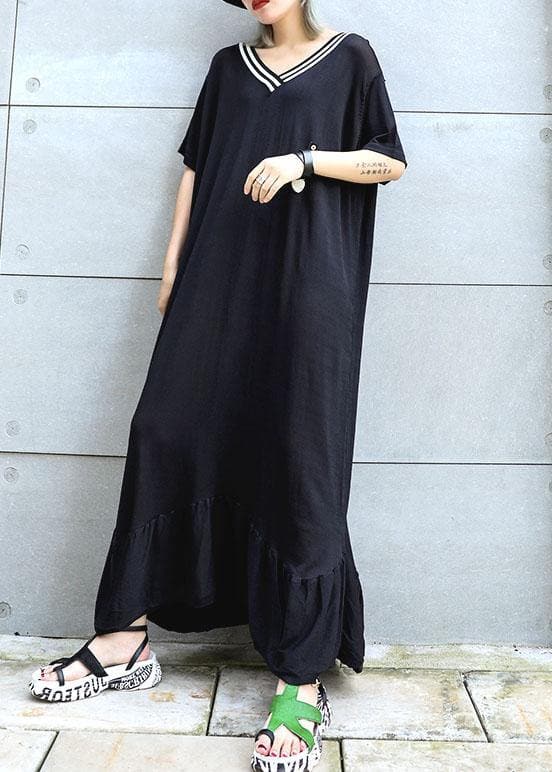 Vivid black cotton Tunics v neck Traveling ruffles summer Dresses AT-SDL190717