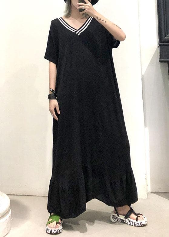 Vivid black cotton Tunics v neck Traveling ruffles summer Dresses AT-SDL190717