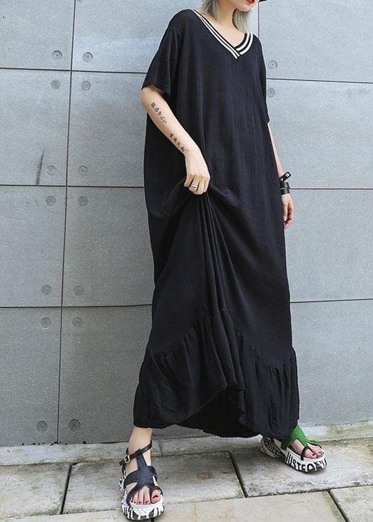 Vivid black cotton Tunics v neck Traveling ruffles summer Dresses AT-SDL190717