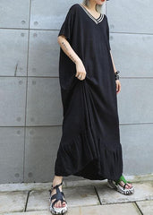 Vivid black cotton Tunics v neck Traveling ruffles summer Dresses AT-SDL190717